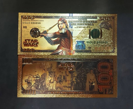 ANAKIN SKYWALKER: Star Wars Galaxy .9999 GOLD Foil 100 Dollars Fantasy Note; Full color scene on back; Comes in a Collector Display holder