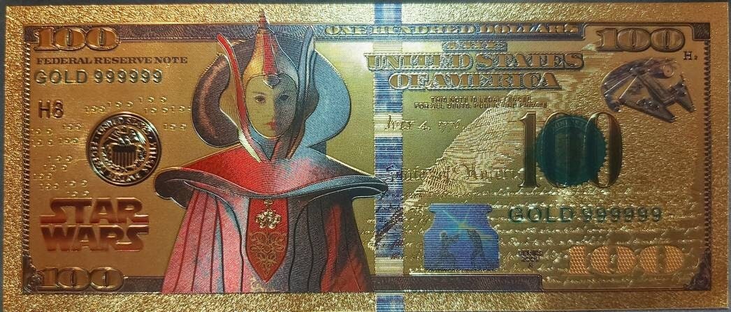 QUEEN AMIDALA: Star Wars Galaxy .9999 GOLD Foil 100 Dollars Fantasy Note; Full color scene on back; Comes in a Collector Display holder