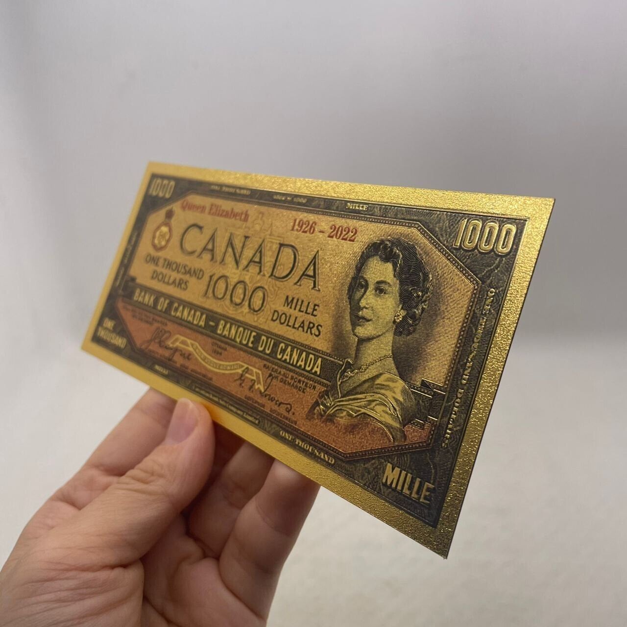 1954 Canada 1000 Dollars Queen Elizabeth II Commemorative Stamped FANTASY .9999 GOLD Foil Note; Devil's Face Design