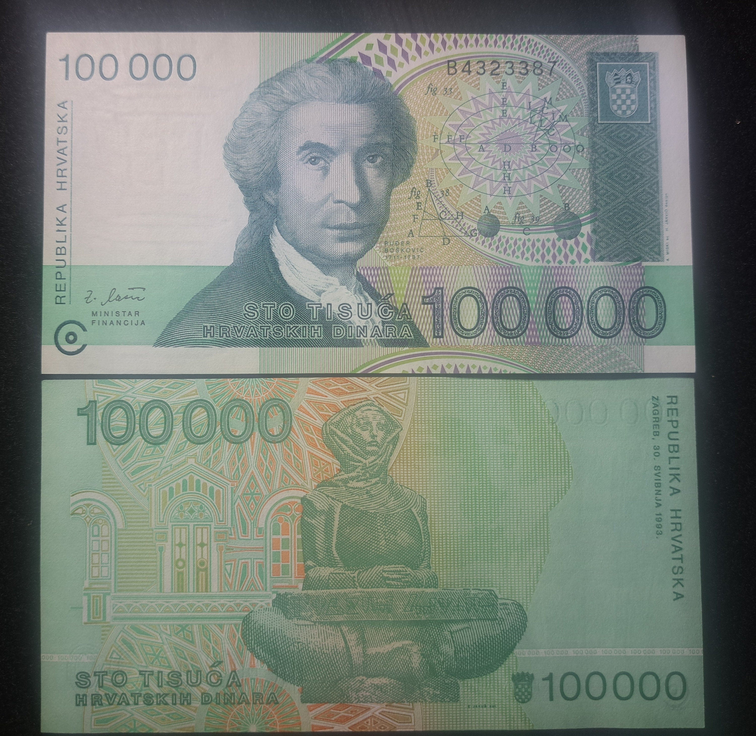 CROATIA 100000 Dinars, P-27; UNCIRCULATED, 1993; features a Statue of Mother Croatia