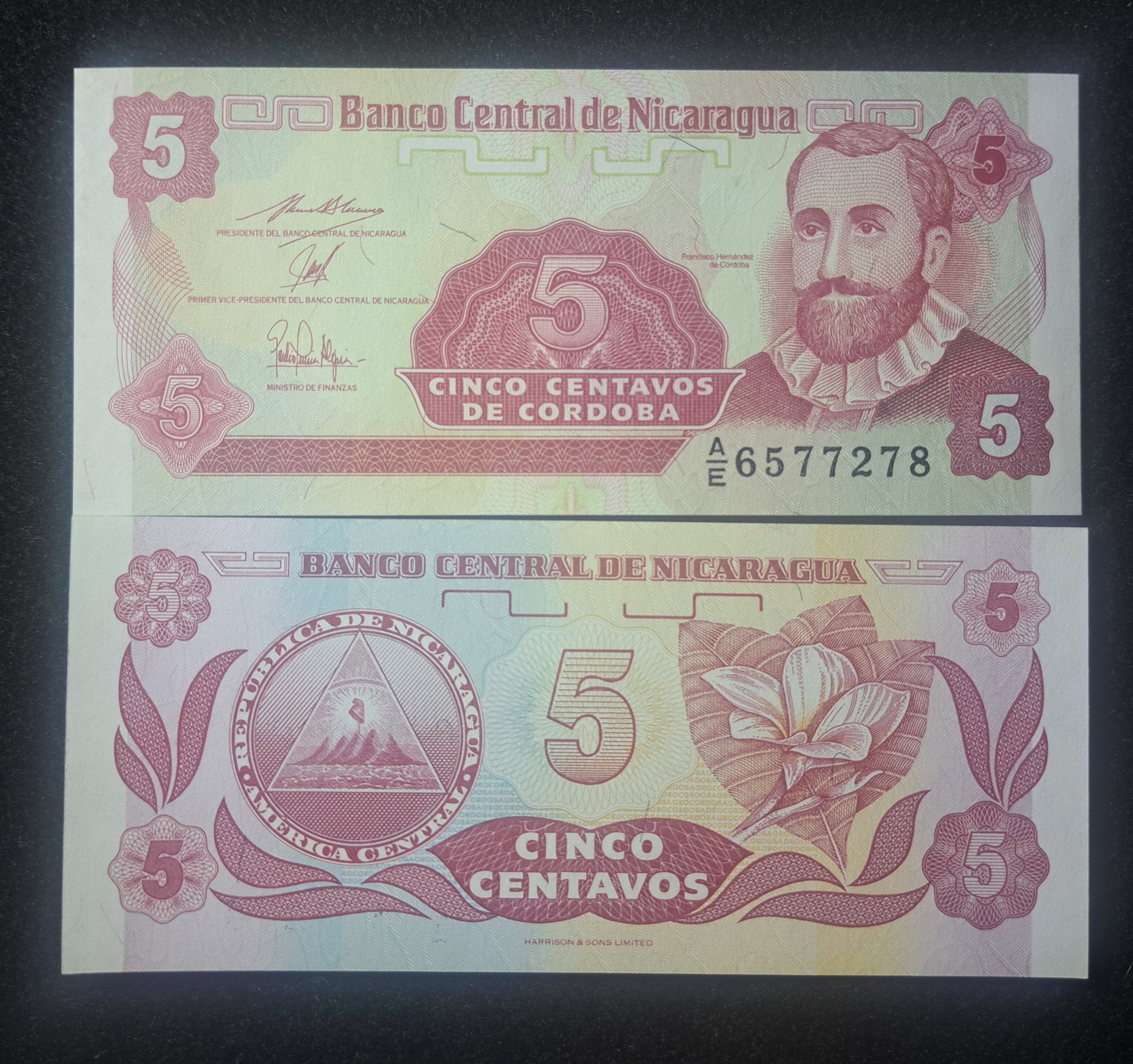 NICARAGUA 5 Centavos, P-168; UNCIRCULATED, 1991; features flowers and Arms symbol