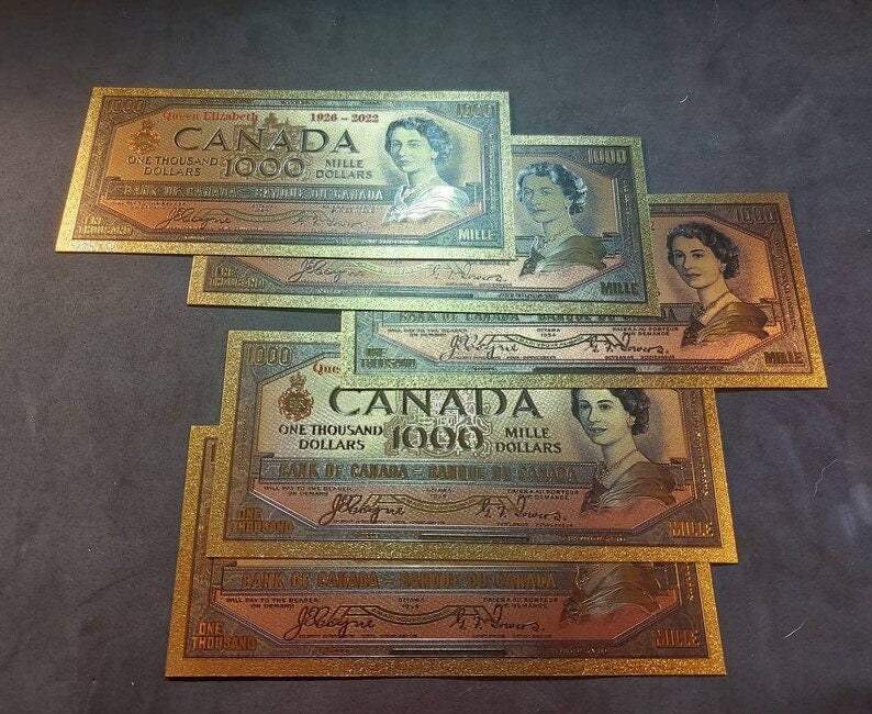 1954 Canada 1000 Dollars Queen Elizabeth II Commemorative Stamped FANTASY .9999 GOLD Foil Note; Devil's Face Design