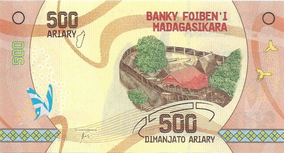 MADAGASCAR 500 Ariary, UNCIRCULATED; P-99 from 2017, New Design; Butterflies; Cliff