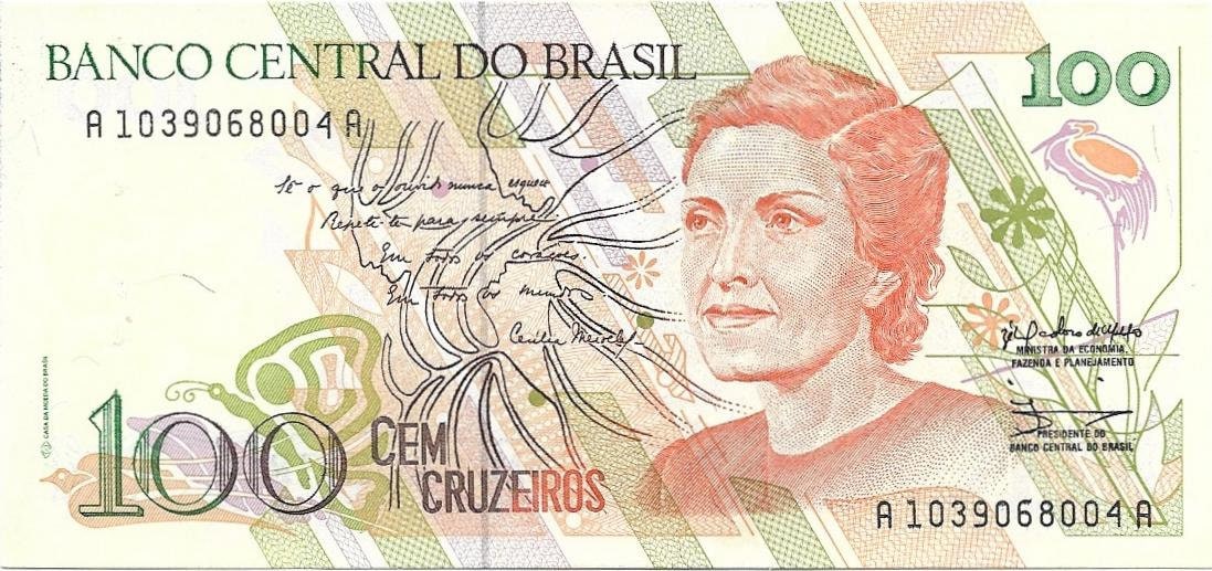 BRAZIL 100 Cruzeiros; P-228; Uncirculated from 1990; features a child reading and natives dancing