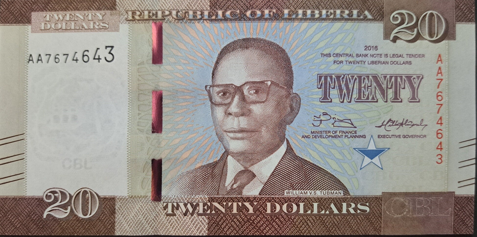 REPUBLIC Of LIBERIA 20 Dollars; P-33a; UNCIRCULATED from 2016; First Prefix