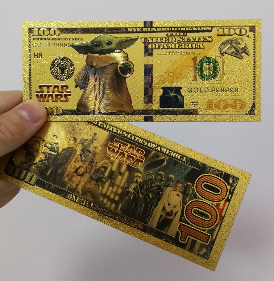 GROGU: Star Wars Galaxy .9999 GOLD Foil 100 Dollars Fantasy Note; Full color scene on back; Comes in a Collector Display holder