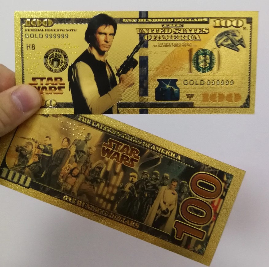 HAN SOLO: Star Wars Galaxy .9999 GOLD Foil 100 Dollars Fantasy Note; Full color scene on back; Comes in a Collector Display holder