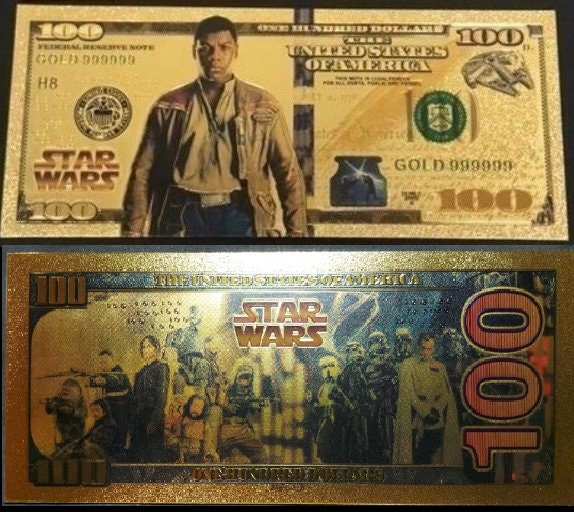 FINN: Star Wars Galaxy .9999 GOLD Foil 100 Dollars Fantasy Note; Full color scene on back; Comes in a Collector Display holder