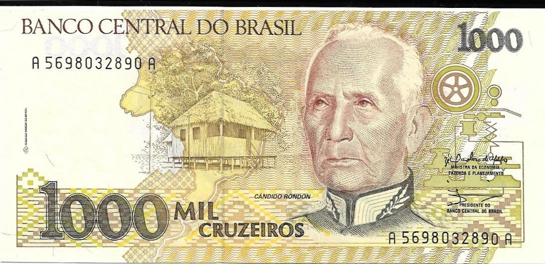 BRAZIL 1000 Cruzeiros; P231b; Unc; 1990; features a map of Brazil, Native Children and C Rondon