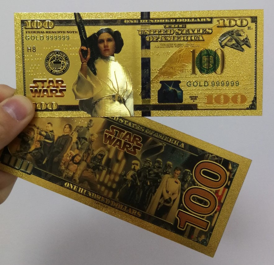 PRINCESS LEIA: Star Wars Galaxy .9999 GOLD Foil 100 Dollars Fantasy Note; Full color scene on back; Comes in a Collector Display holder