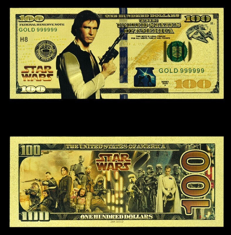 HAN SOLO: Star Wars Galaxy .9999 GOLD Foil 100 Dollars Fantasy Note; Full color scene on back; Comes in a Collector Display holder