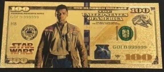 FINN: Star Wars Galaxy .9999 GOLD Foil 100 Dollars Fantasy Note; Full color scene on back; Comes in a Collector Display holder