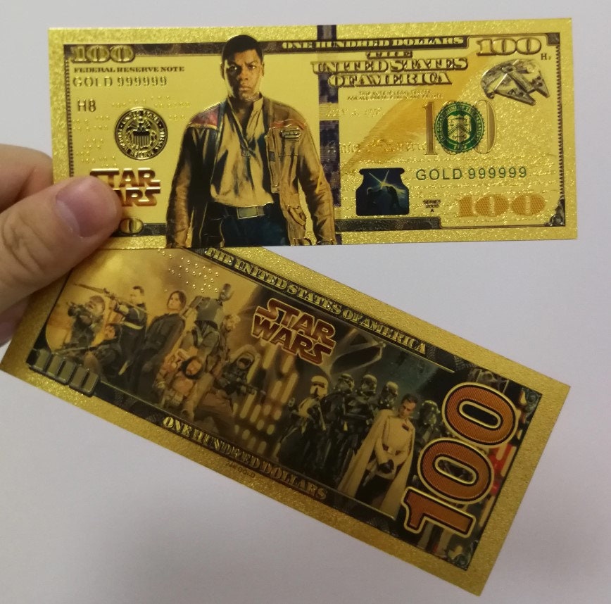 FINN: Star Wars Galaxy .9999 GOLD Foil 100 Dollars Fantasy Note; Full color scene on back; Comes in a Collector Display holder