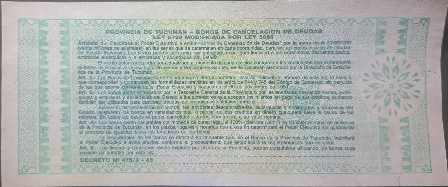 Argentina 1 Australes, PS-2711; UNCIRCULATED, Specialized Issue from the Province of Tucuman