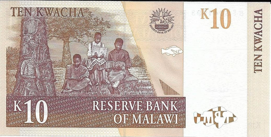 MALAWI 10 Kwacha banknote , P - 51a, UNC; 2004, FISH and Reverend J. Chilembwe