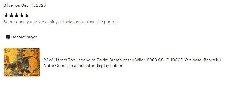 MIPHA from The Legend of Zelda: Breath of the Wild; .9999 GOLD FOiL 10000 Yen Note; Comes in a collector display holder
