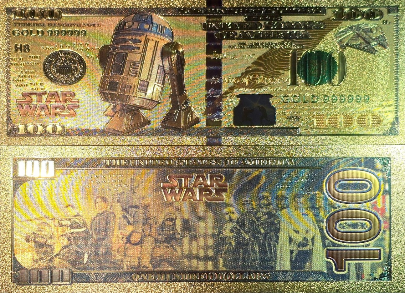 R2-D2: Star Wars Galaxy .9999 GOLD Foil 100 Dollars Fantasy Note; Full color scene on back; Comes in a Collector Display holder