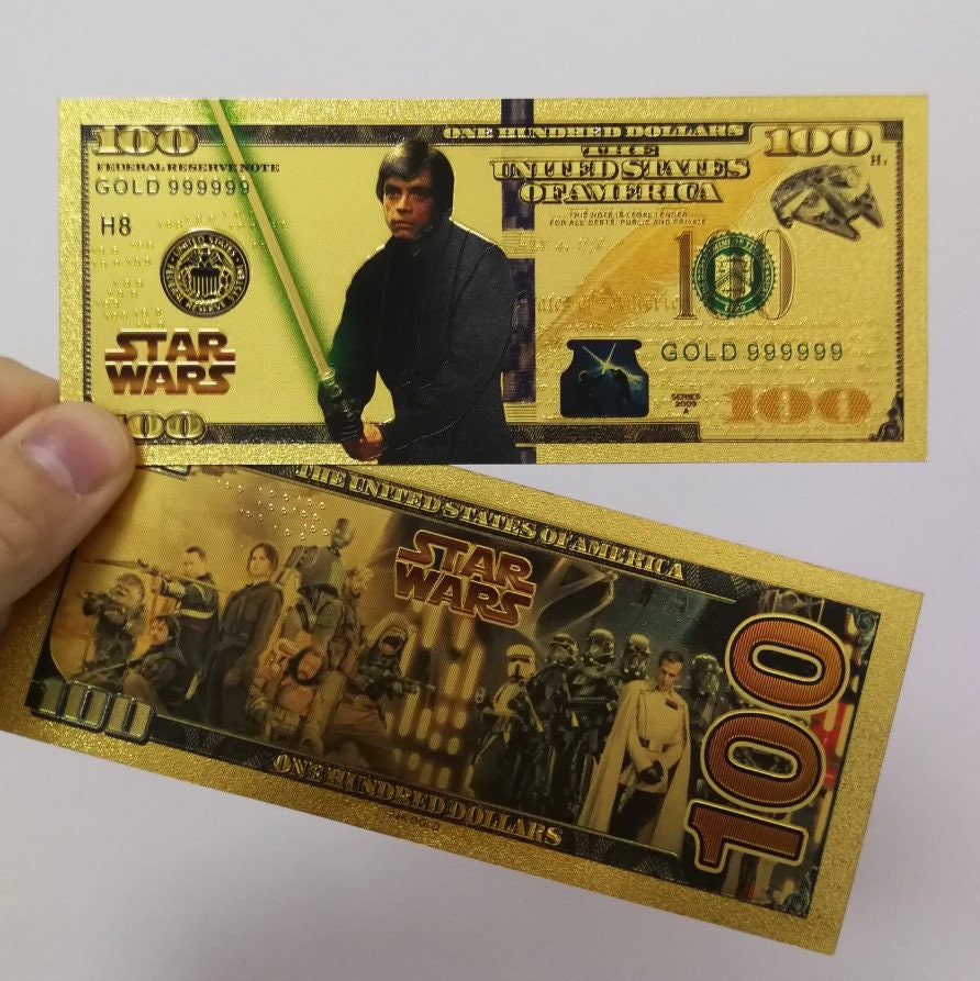 LUKE SKYWALKER: Star Wars Galaxy .9999 GOLD Foil 100 Dollars Fantasy Note; Full color scene on back; Comes in a Collector Display holder