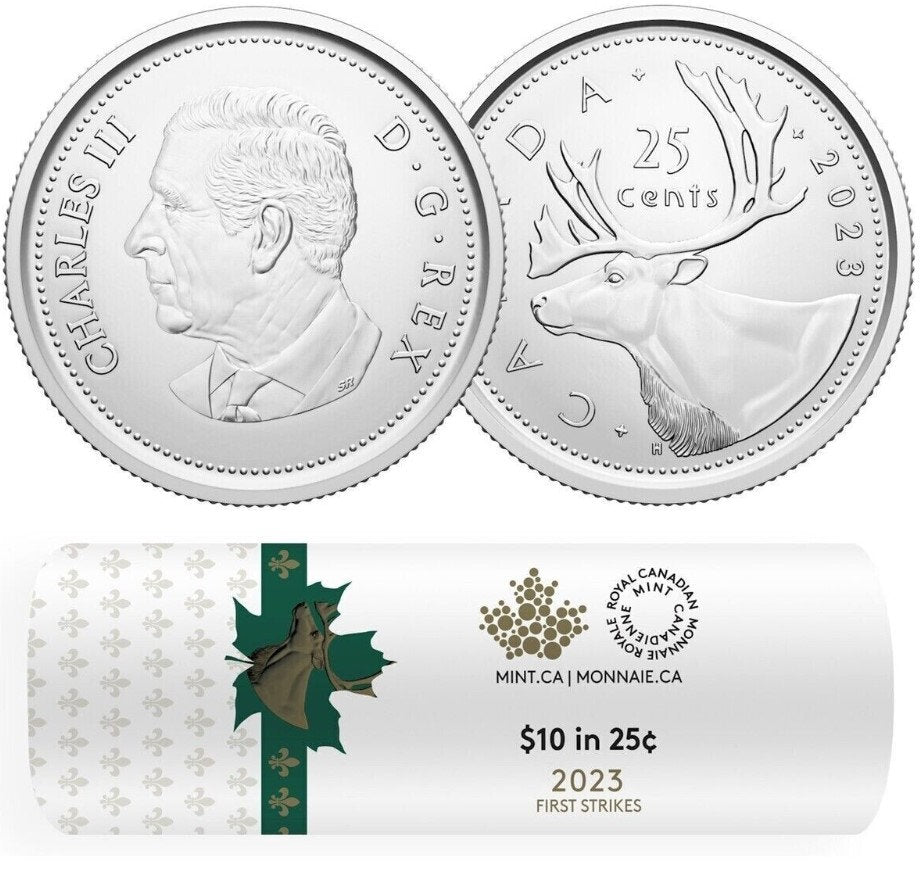 2023 CANADA 25 Cents, Features Charles III from Premium 1st Strike Rolls; Brilliantly UNCiRCULATED (BU) 5 Cent Coin