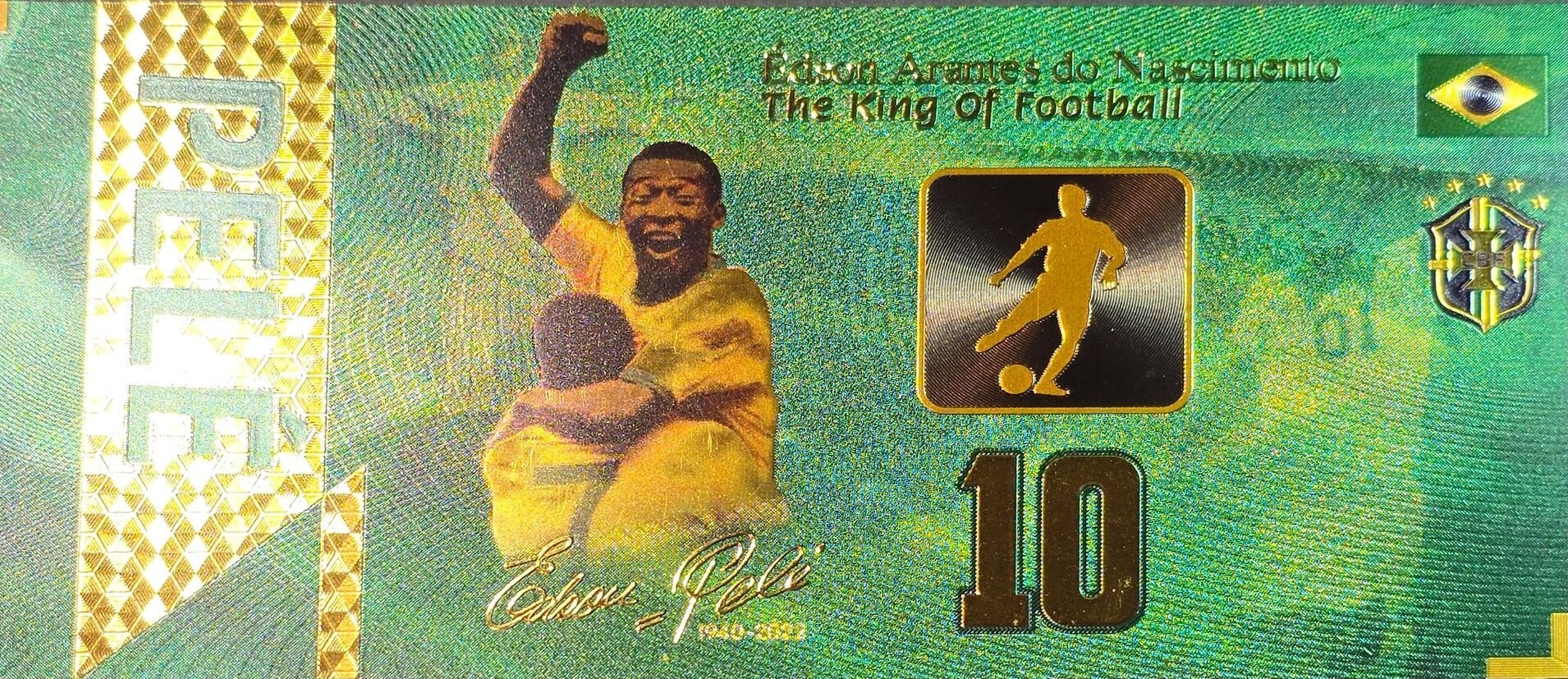 PELE Celebrating; The "King Of Football"; .9999 GOLD FOIL Note; Fan Collectible; Colorful; Comes in a Collector Display holder