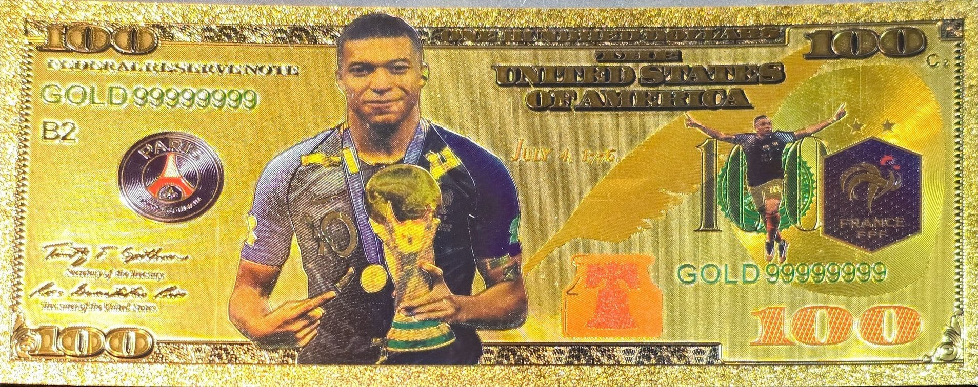 KYLIAN MBAPPE with the World Cup; .9999 GOLD FOiL Note; Fan Collectible; Colorful; Comes in a Collector Display holder