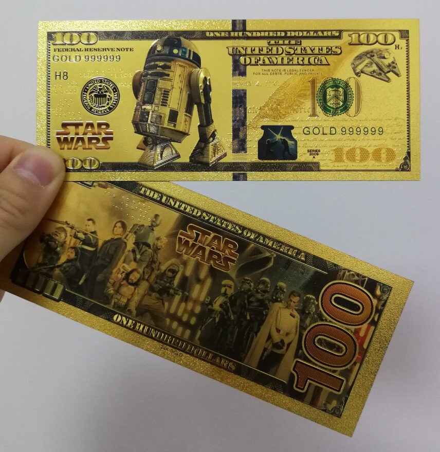 R2-D2: Star Wars Galaxy .9999 GOLD Foil 100 Dollars Fantasy Note; Full color scene on back; Comes in a Collector Display holder