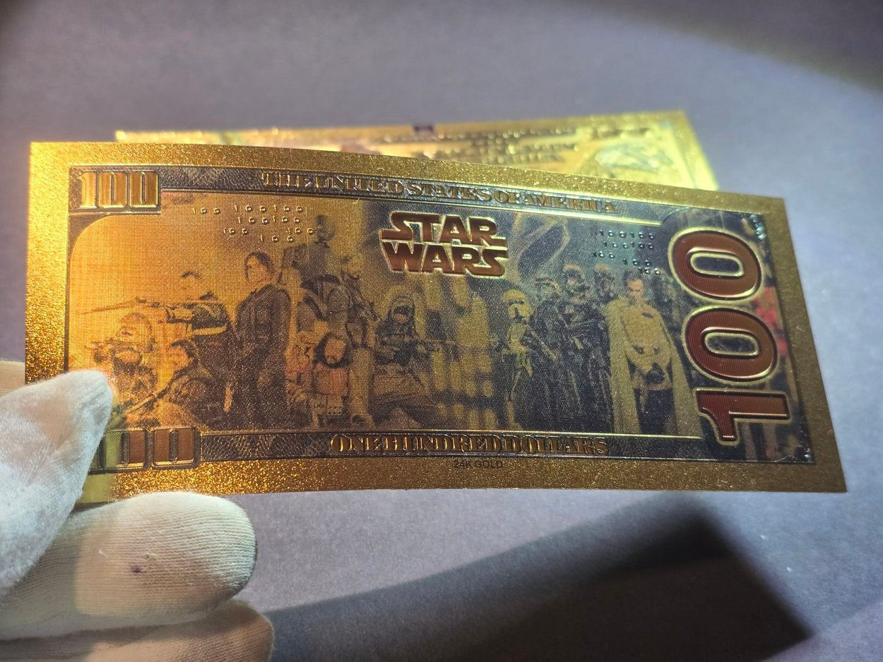 LUKE SKYWALKER: Star Wars Galaxy .9999 GOLD Foil 100 Dollars Fantasy Note; Full color scene on back; Comes in a Collector Display holder
