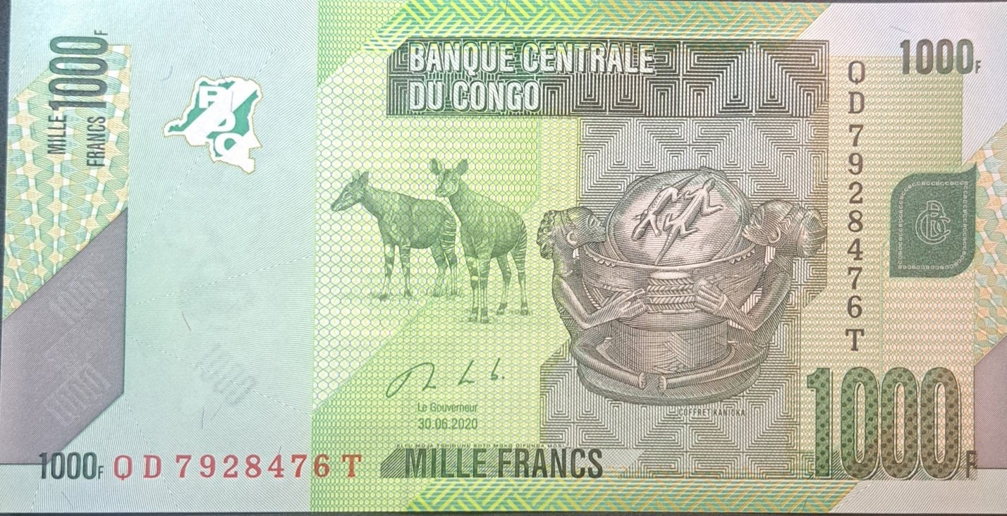 CONGO 1000 Francs, P101c, UNCIRCULATED from 2020, features a Parrot