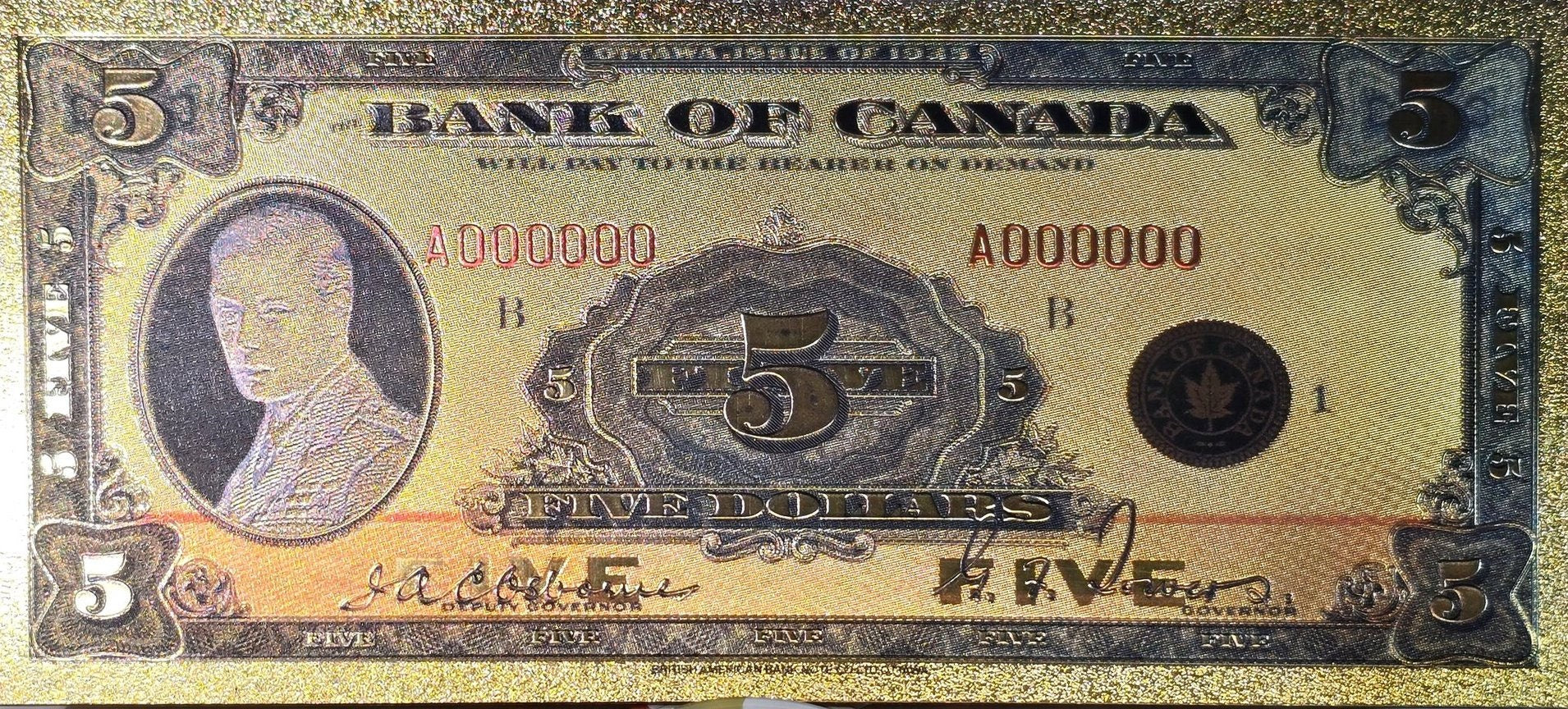 1935 CANADA PRINCE Edward V11 5 Dollar FANTASY .9999 GOlD Foil Note; Allegory of Electricity, Comes shipped in Collector display holder