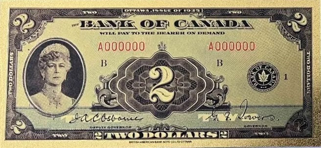 1935 CANADA QUEEN Mary 2 Dollar FANTASY .9999 GOlD Foil Note; Allegory of Transportation, Comes shipped in Collector display holder