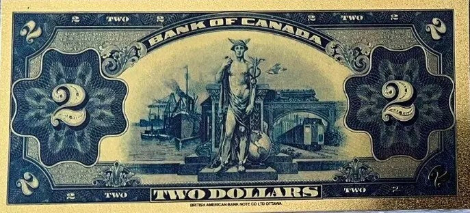 1935 CANADA QUEEN Mary 2 Dollar FANTASY .9999 GOlD Foil Note; Allegory of Transportation, Comes shipped in Collector display holder