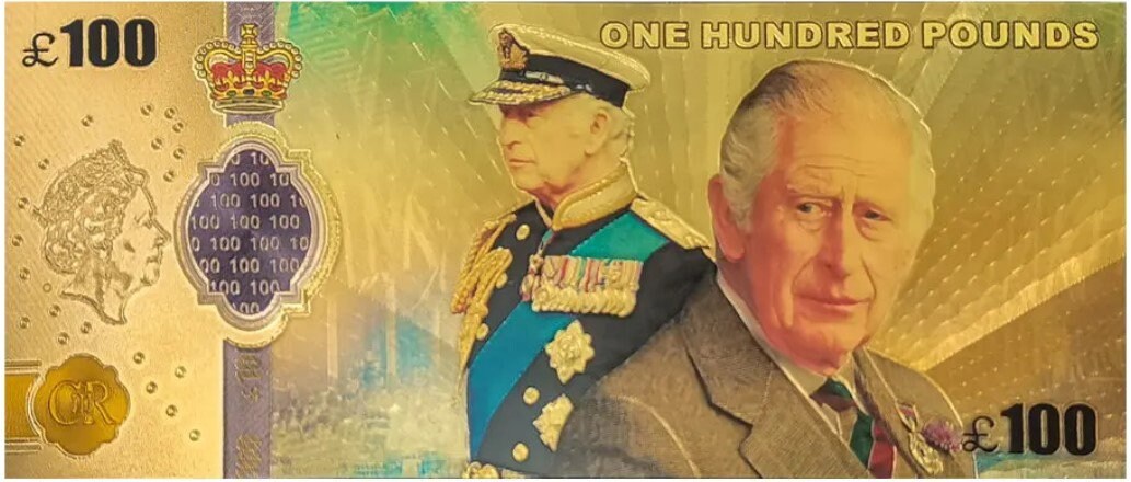 ENGLAND KiNG CHARlES III 100 Pounds Coronation Commemorative Fantasy .9999 GOLD Foil Note; Comes shipped in Collector display holder