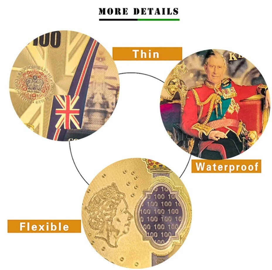 ENGLAND KiNG CHARlES III 100 Pounds Coronation Commemorative Fantasy .9999 GOLD Foil Note; Comes shipped in Collector display holder