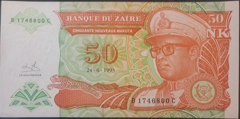 ZAIRE 50 Nouveau Makuta, P-51, UNCIRCULATED, 1993, features a Leaping LEOPARD