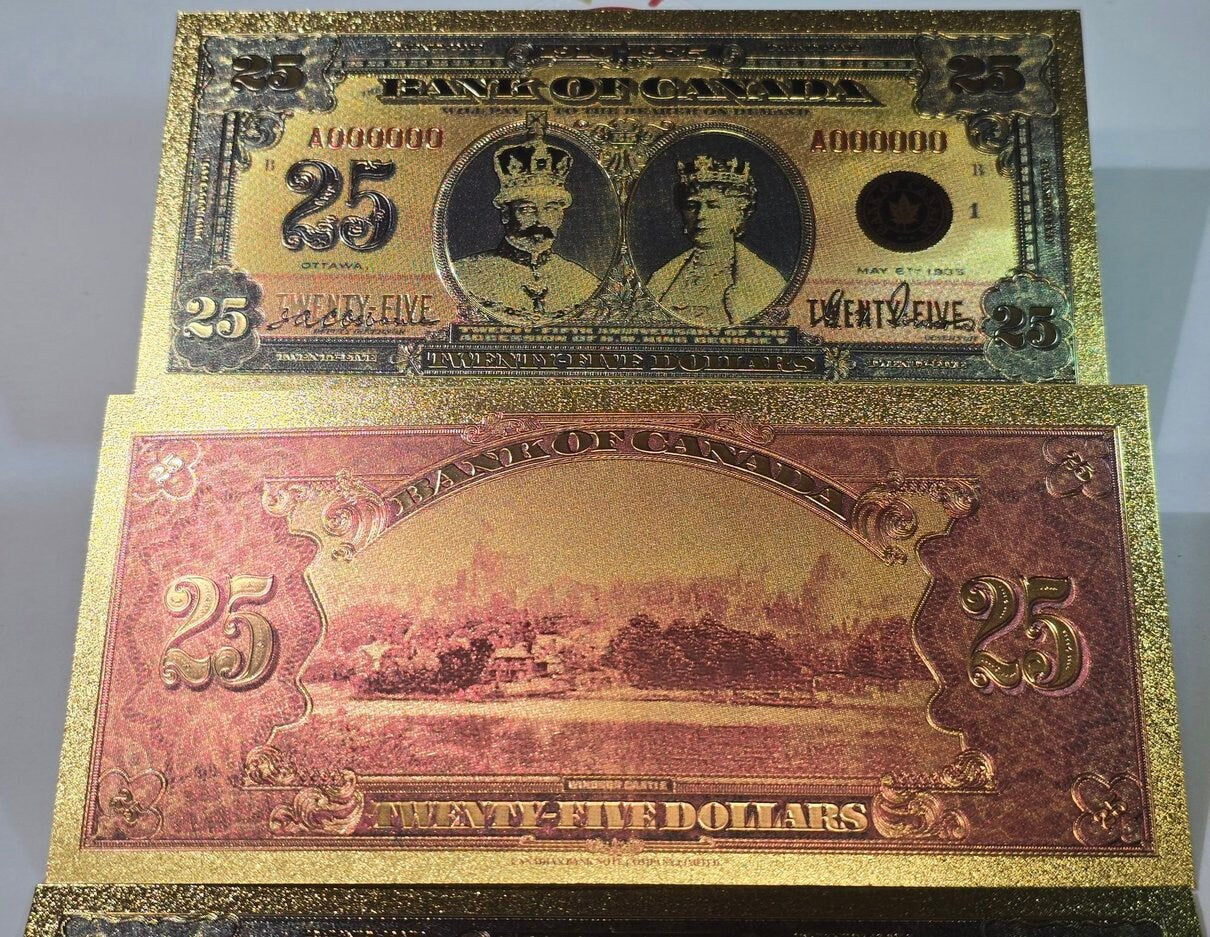 1935 CANADA King George V and Queen Mary 25 Dollar FANTASY .9999 GOLD Foil Note; Windsor Castle, Comes shipped in Collector display holder