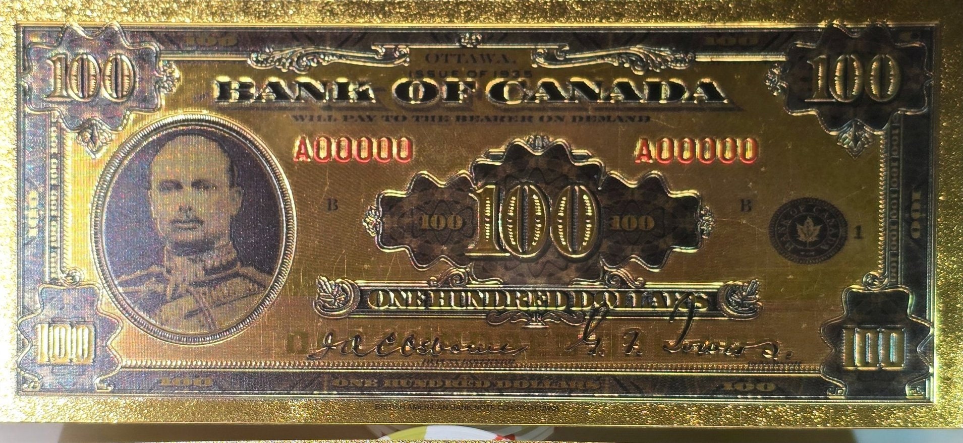 1935 CANADA PRINCE Henry 100 Dollar FANTASY .9999 GOlD Foil Note; Allegory of Commerce, Comes shipped in Collector display holder