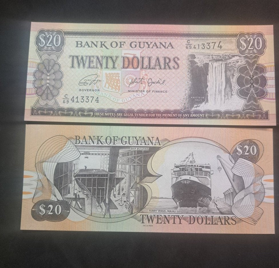 Guyana 20 Dollars, P-30g, UNCIRCULATED, 2018; features the Kaietear Waterfalls