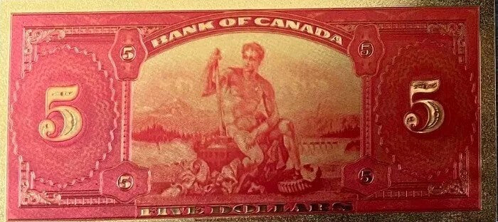 1935 CANADA PRINCE Edward V11 5 Dollar FANTASY .9999 GOlD Foil Note; Allegory of Electricity, Comes shipped in Collector display holder