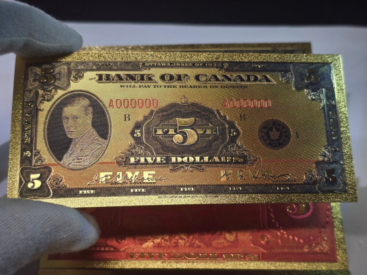 1935 CANADA PRINCE Edward V11 5 Dollar FANTASY .9999 GOlD Foil Note; Allegory of Electricity, Comes shipped in Collector display holder
