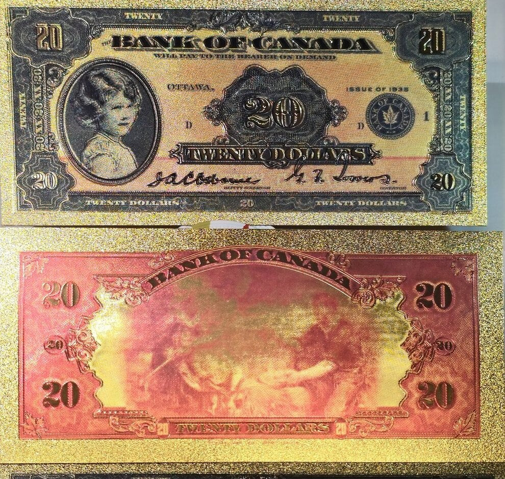 1935 CANADA PRINCESS Elizabeth 20 Dollar FANTASY .9999 GOlD Foil Note; Allegory of Agriculture, Comes shipped in Collector display holder