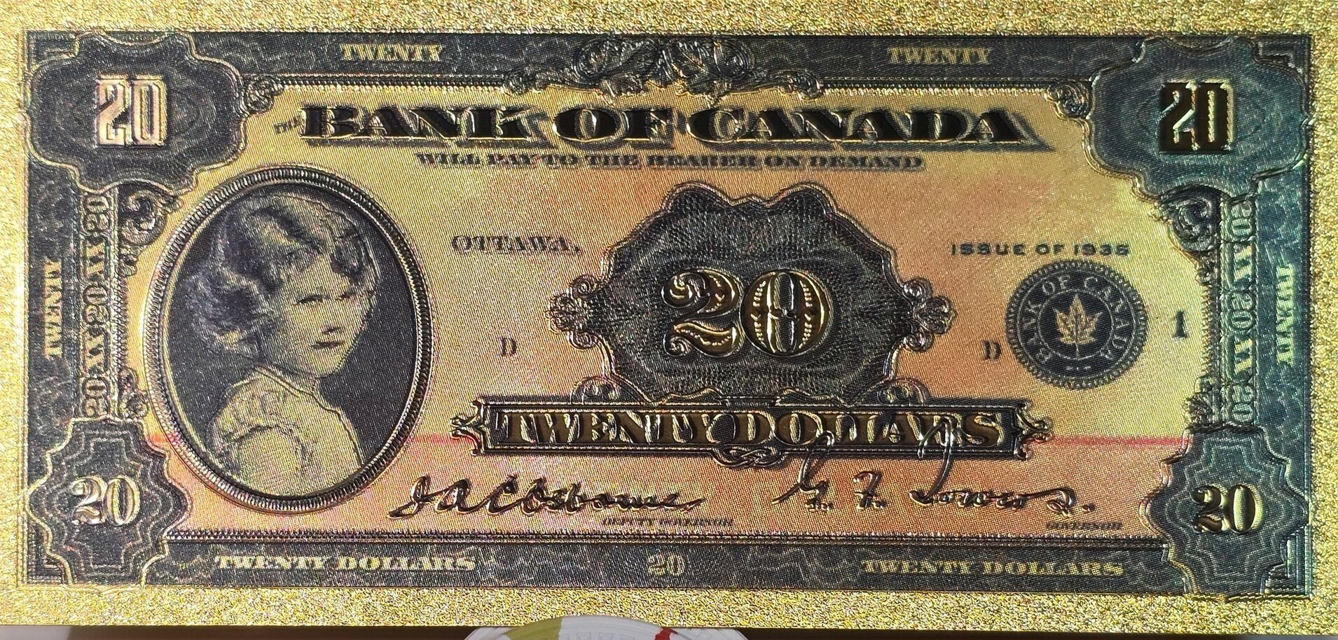 1935 CANADA PRINCESS Elizabeth 20 Dollar FANTASY .9999 GOlD Foil Note; Allegory of Agriculture, Comes shipped in Collector display holder