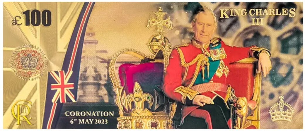 ENGLAND KiNG CHARlES III 100 Pounds Coronation Commemorative Fantasy .9999 GOLD Foil Note; Comes shipped in Collector display holder