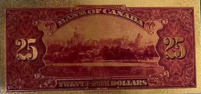 1935 CANADA King George V and Queen Mary 25 Dollar FANTASY .9999 GOLD Foil Note; Windsor Castle, Comes shipped in Collector display holder