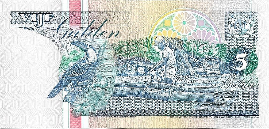 SURINAME 5 Gulden Banknote, P- 136b, UNCIRCULATED, 1988; featuring a Toucan
