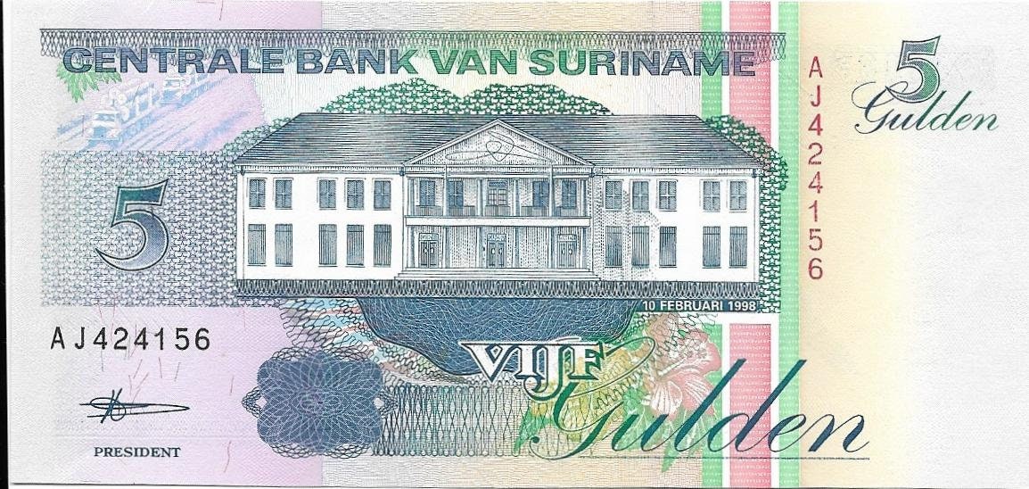 SURINAME 5 Gulden Banknote, P- 136b, UNCIRCULATED, 1988; featuring a Toucan