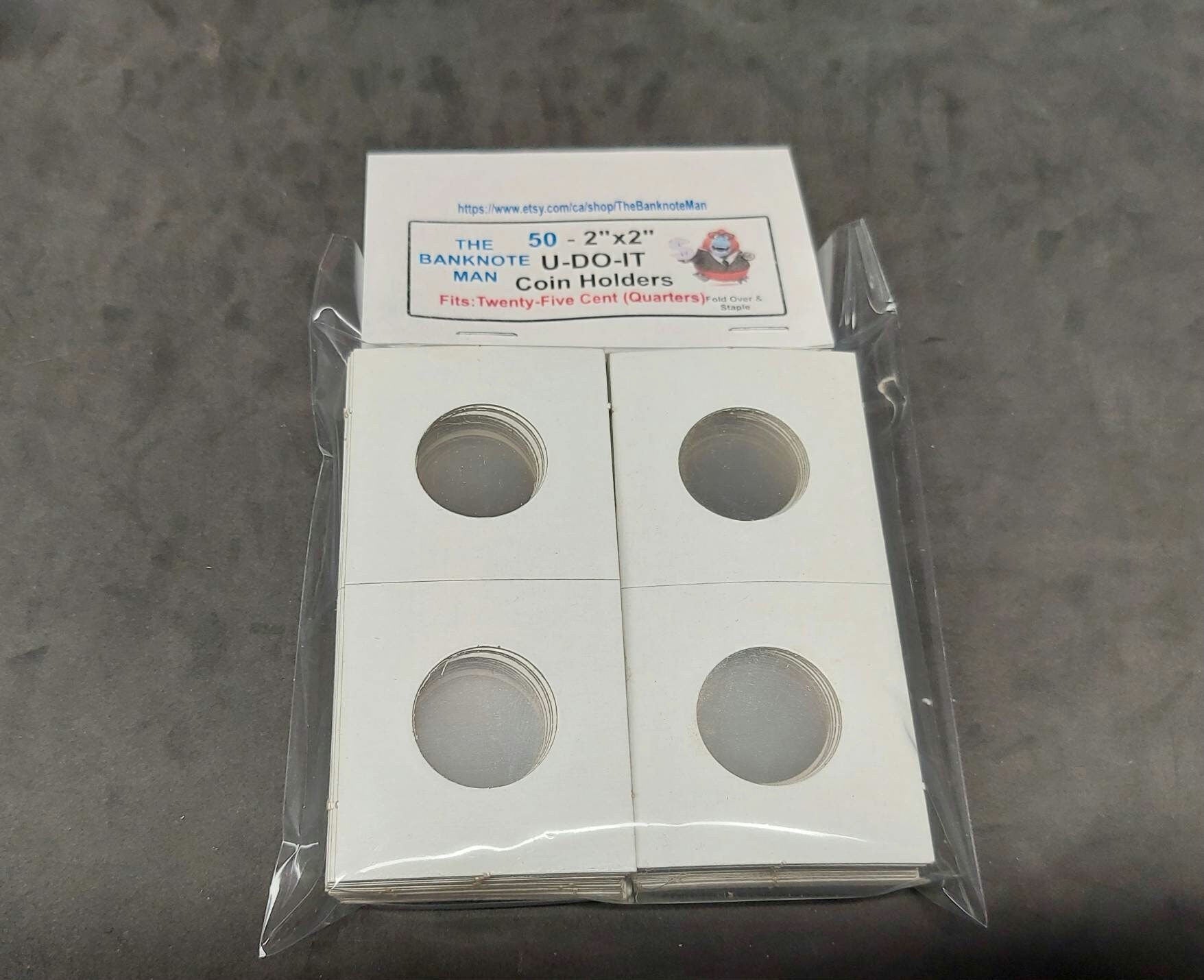 COIN HOLDERS ~ 2"x2" Coin Flips - Bundle of 50 ~ 25 Cent/ Quarter Size; Made in Canada