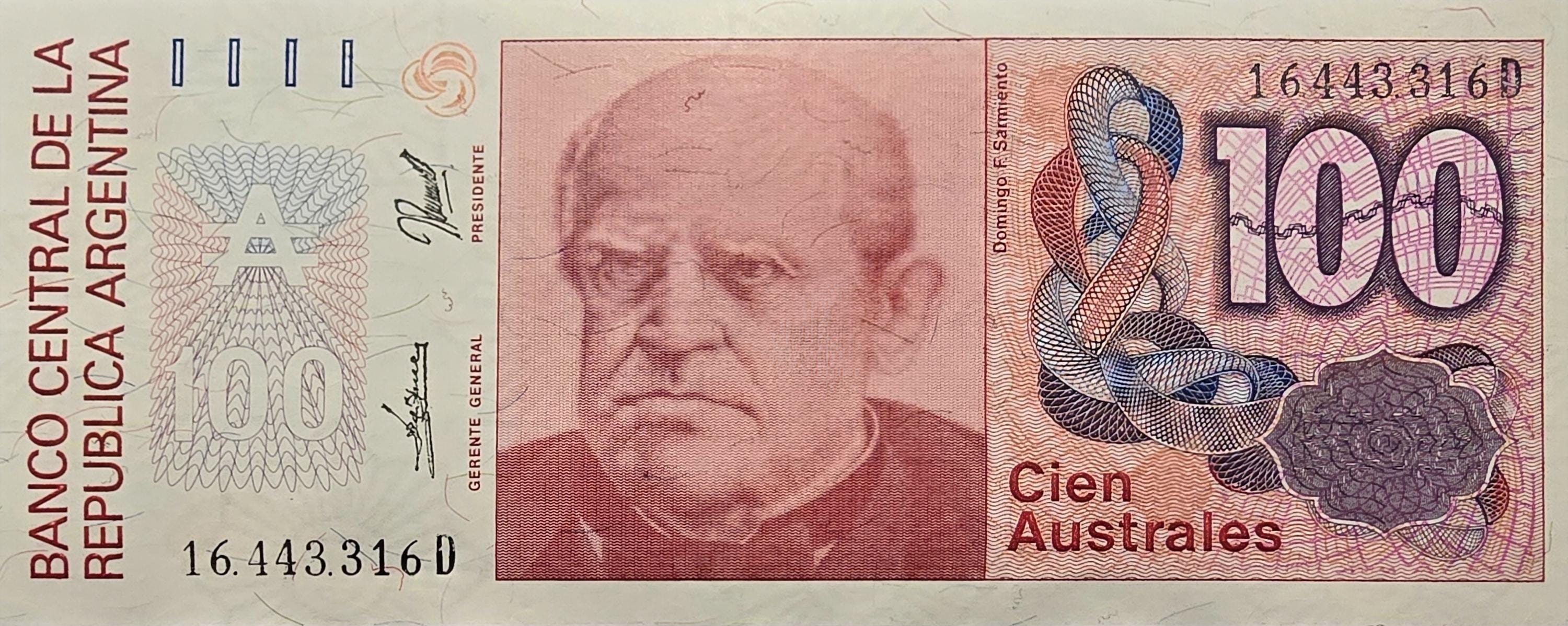 Argentina 100 Australes Banknote, P-327c, UNCIRCULATED, 1985, features D.F. Sarmiento