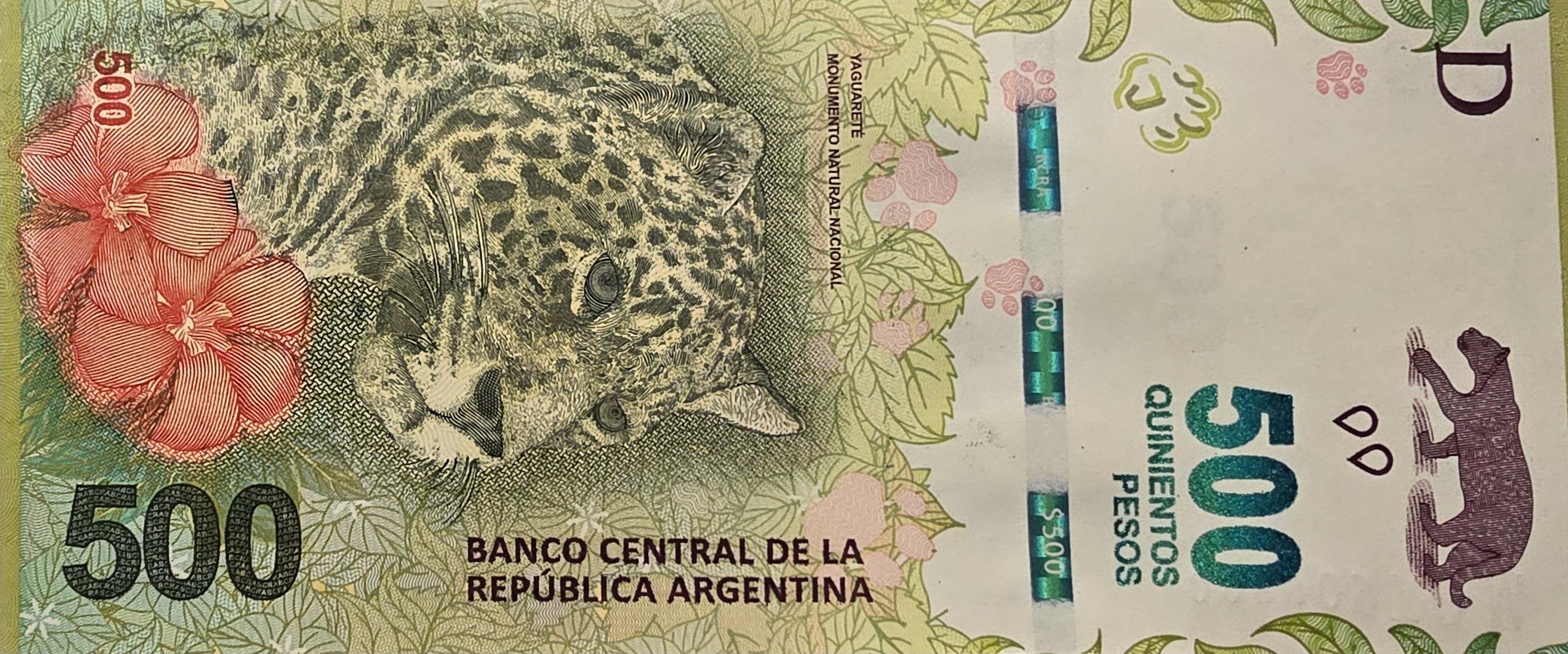 Argentina 500 Pesos, B-421c, UNCIRCULATED, 2020; features a Jaguar Cub and Adult