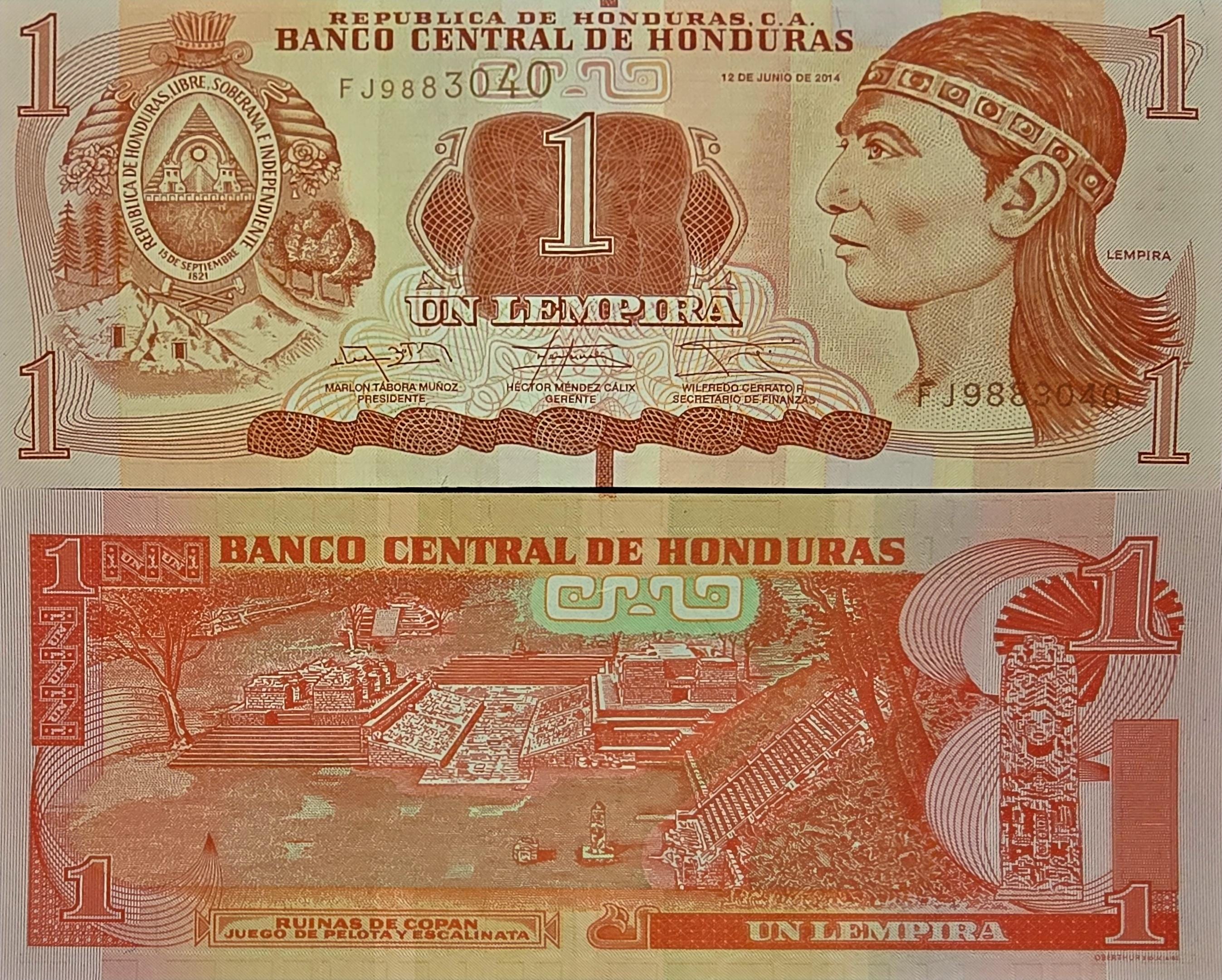 HONDURAS 1 Lempira Banknote, P-96b, UNCIRCULATED from 2014; featuring the Myan Ruins of Copan