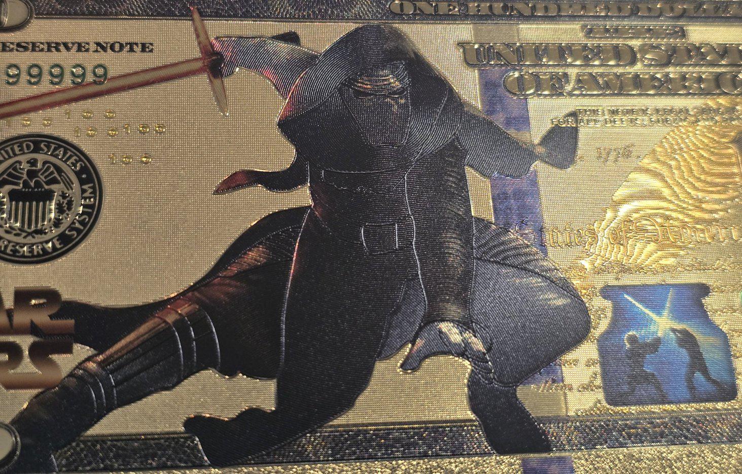 KYLO REN: Star Wars Galaxy .9999 GOLD Foil 100 Fantasy Note; Full color scene on back; Comes in a Collector Display holder